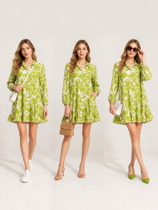 Cynthia Steffe Dresses & Skirts - Cynthia Steffe Lime Floral Ruffle-Hem Shirt Dress